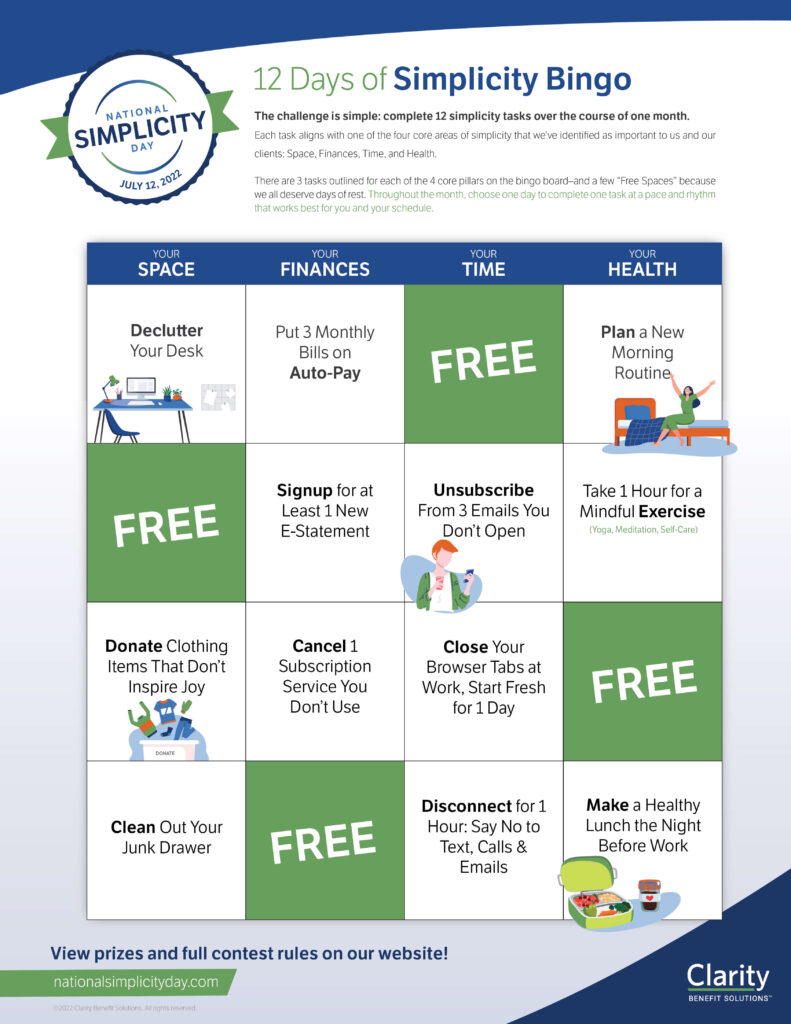 National Simplicity Day 2022 Bingo Board